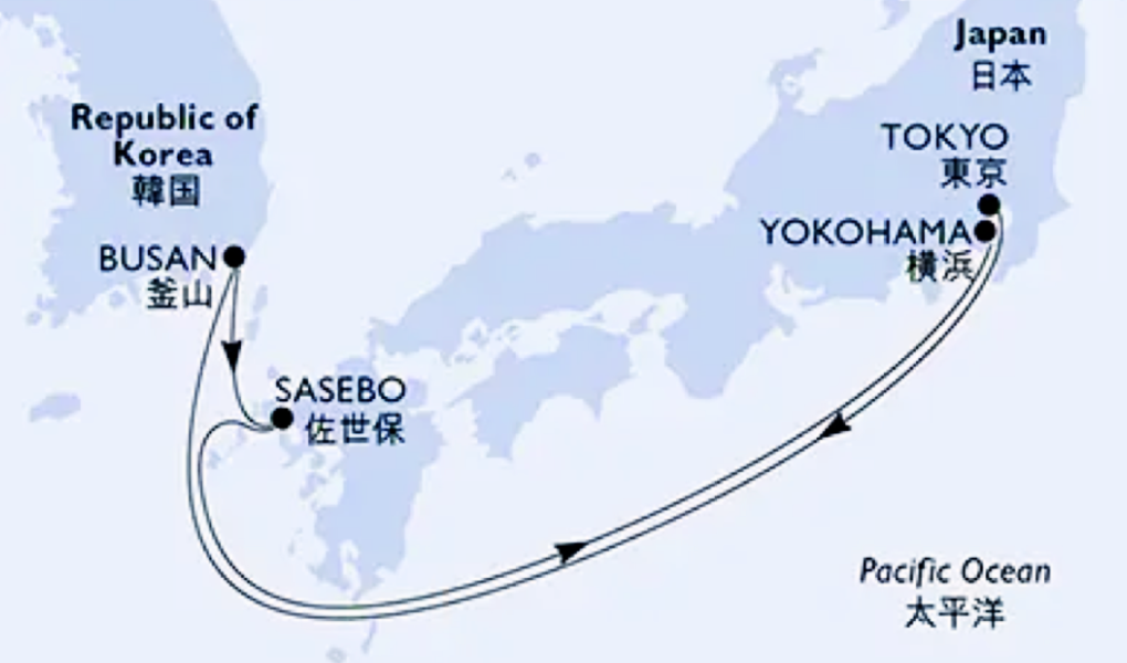 クルーズの航行経路図：MSCクルーズアプリより