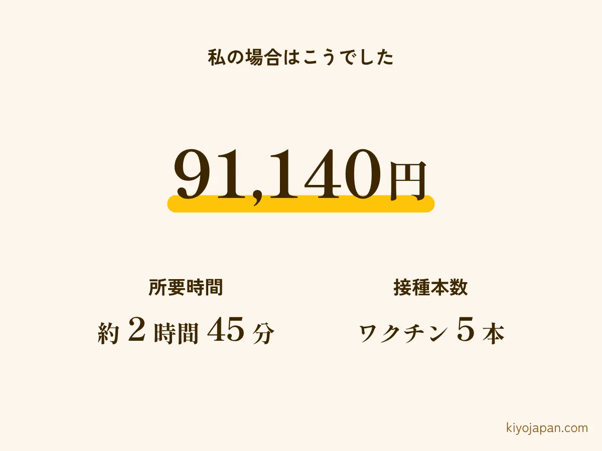 ビザ健康診断の実績値 費用91,140円 所要は約2時間45分 接種したワクチンは5本