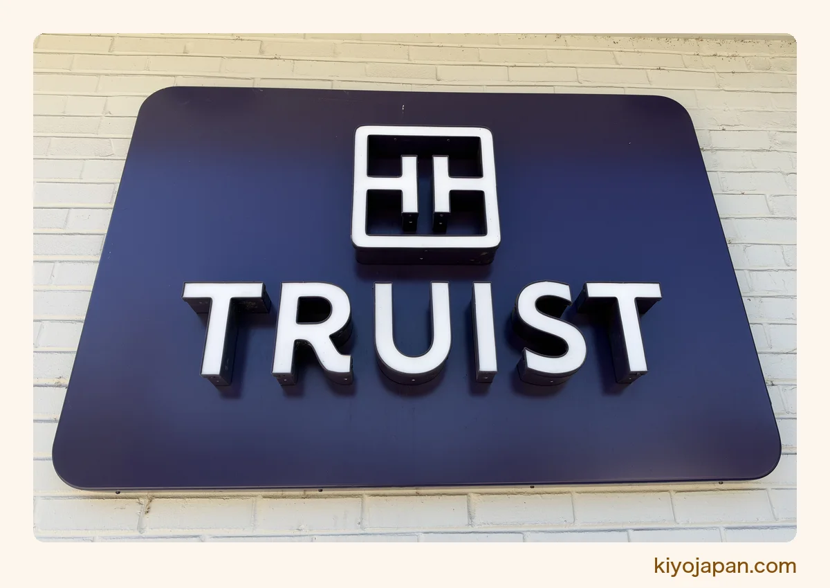 口座を開いたTruistの支店の看板 紺色の板にTRUISTのロゴ