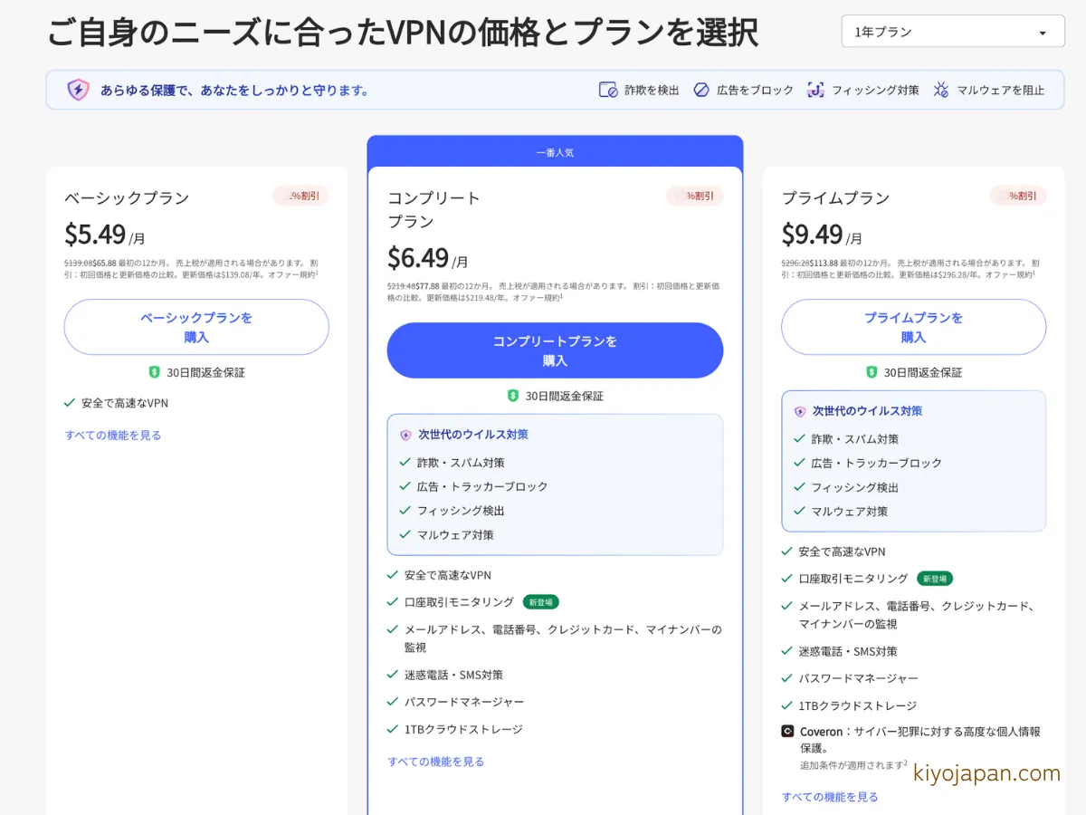 NordVPN公式サイトの料金ページ 1年プランのベーシック・コンプリート・プライム（2026年10月15日時点・アメリカからの表示）